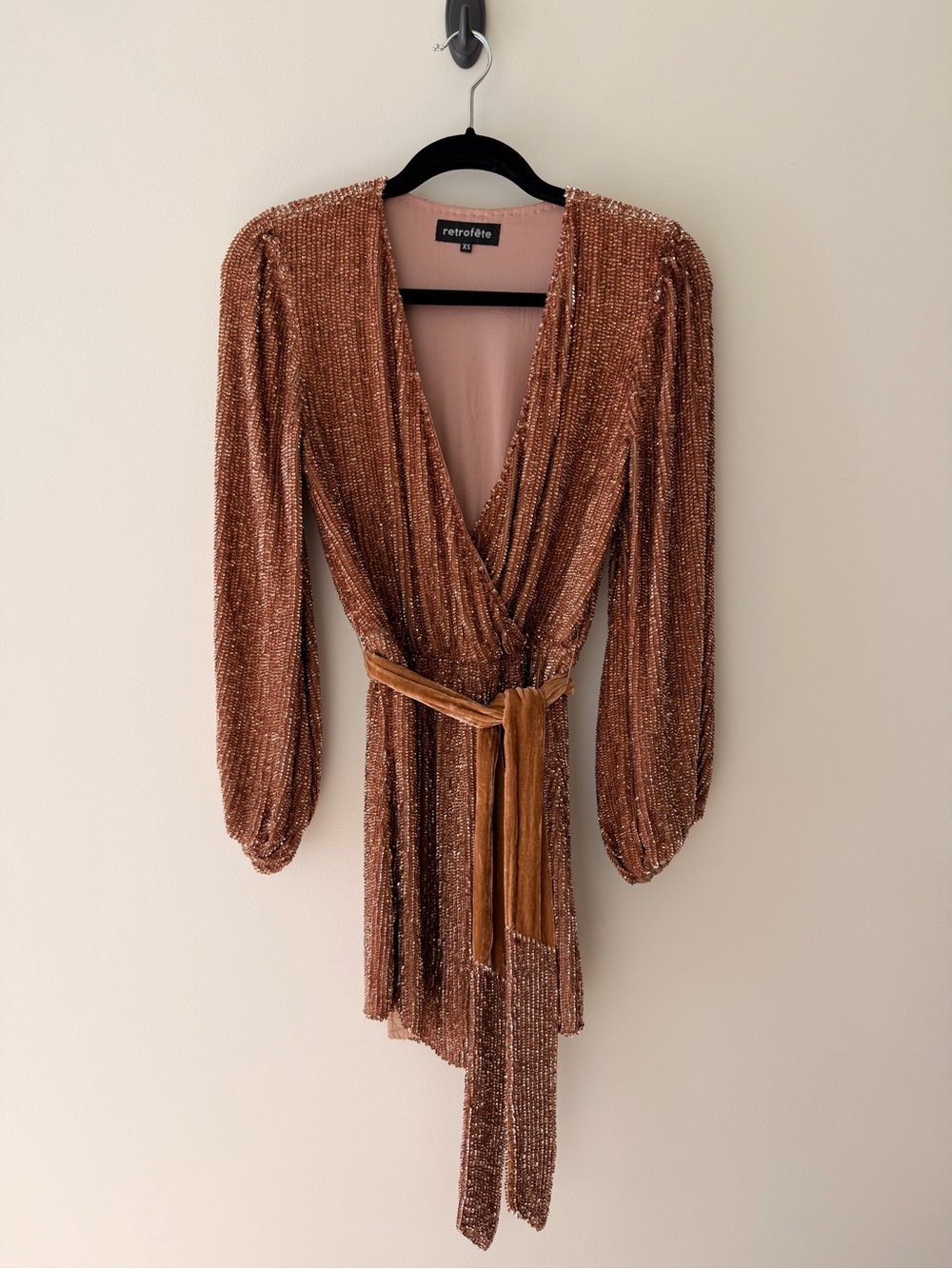 Retrofête Copper Sequin Long-Sleeve Wrap Dress